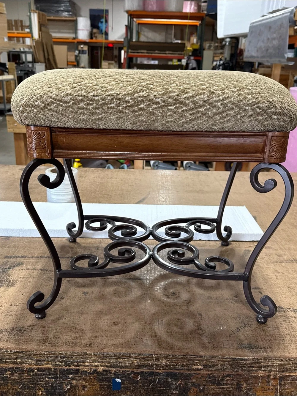 Beige Upholstered Bench with Dark Brown Scroll Metal Base